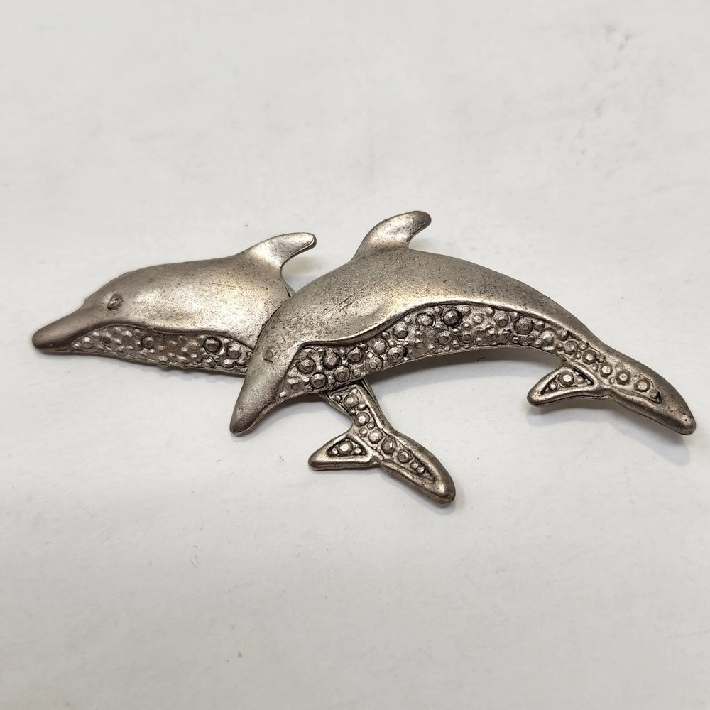 Dolphin Pair Silver Tone Metal Brooch Pin Textured Sea Ocean Creature Breaching